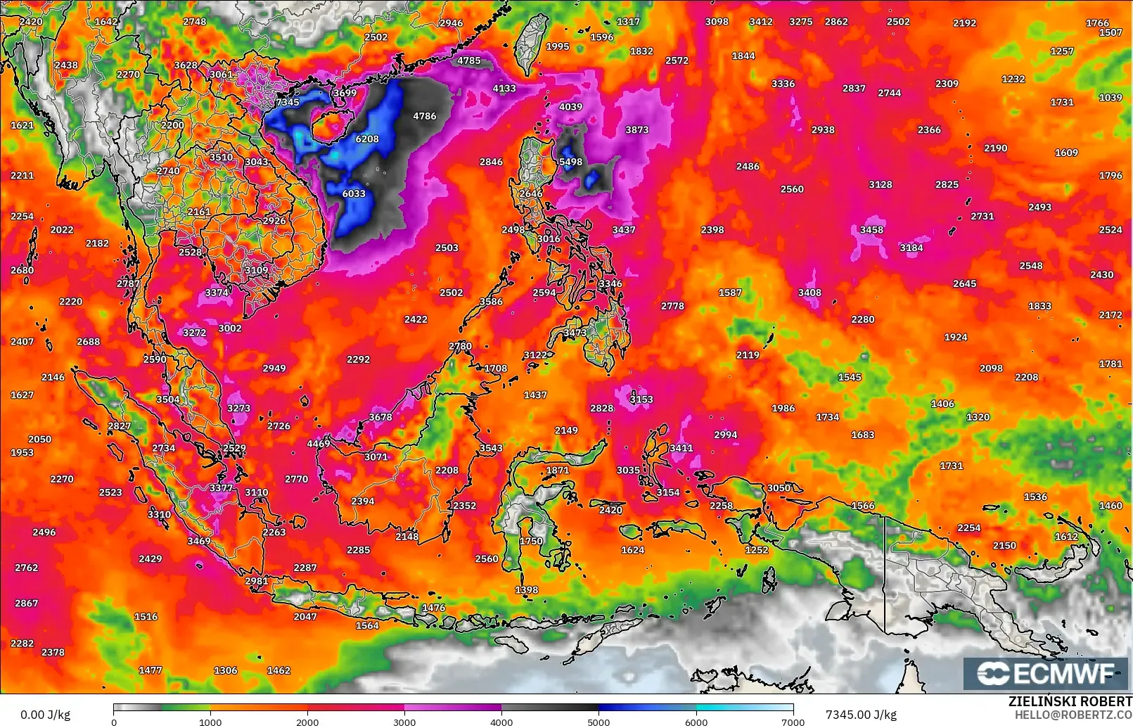 ECMWF IFS 0.25° model - South East Asia, CAPE