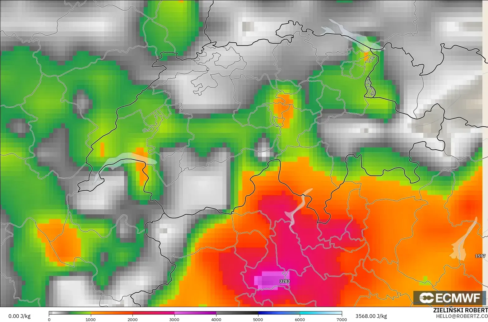ECMWF IFS 0.25° model - Switzerland, CAPE