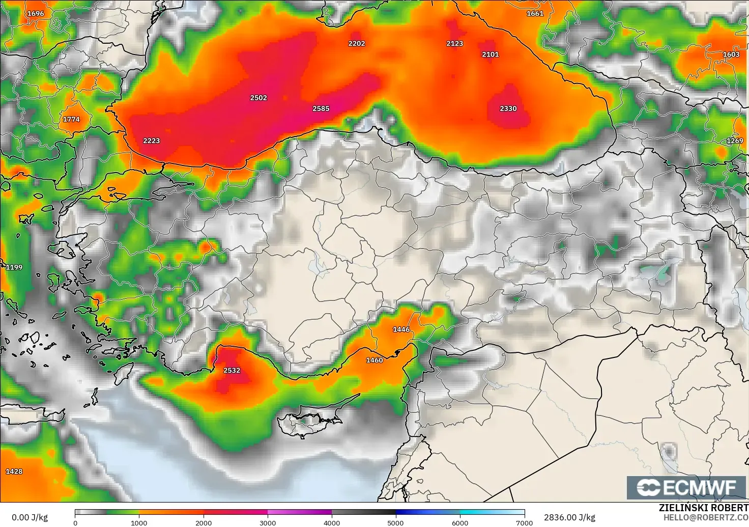 ECMWF IFS 0.25° model - Turkey, CAPE