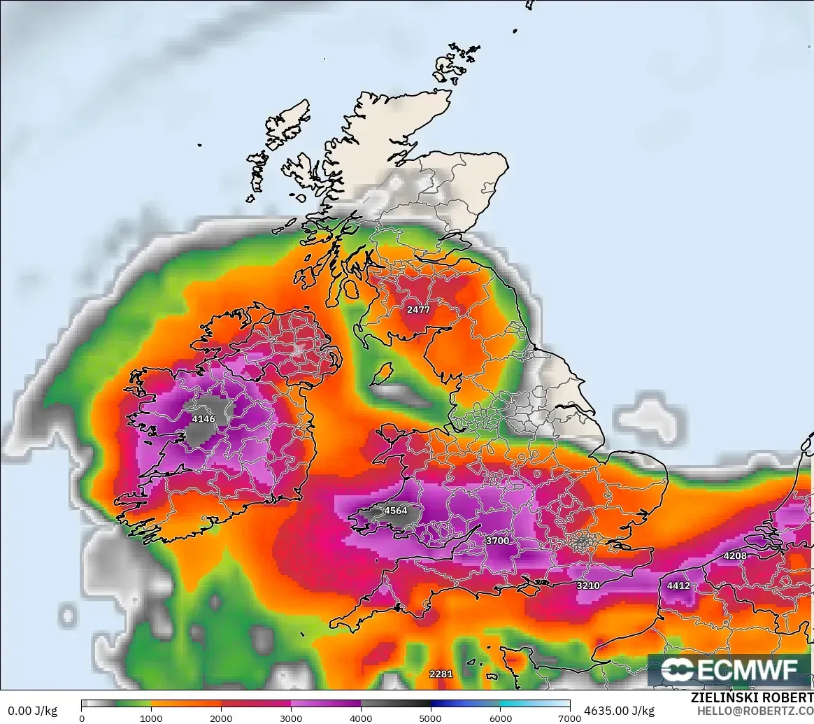 ECMWF IFS 0.25° model - United Kingdom, CAPE