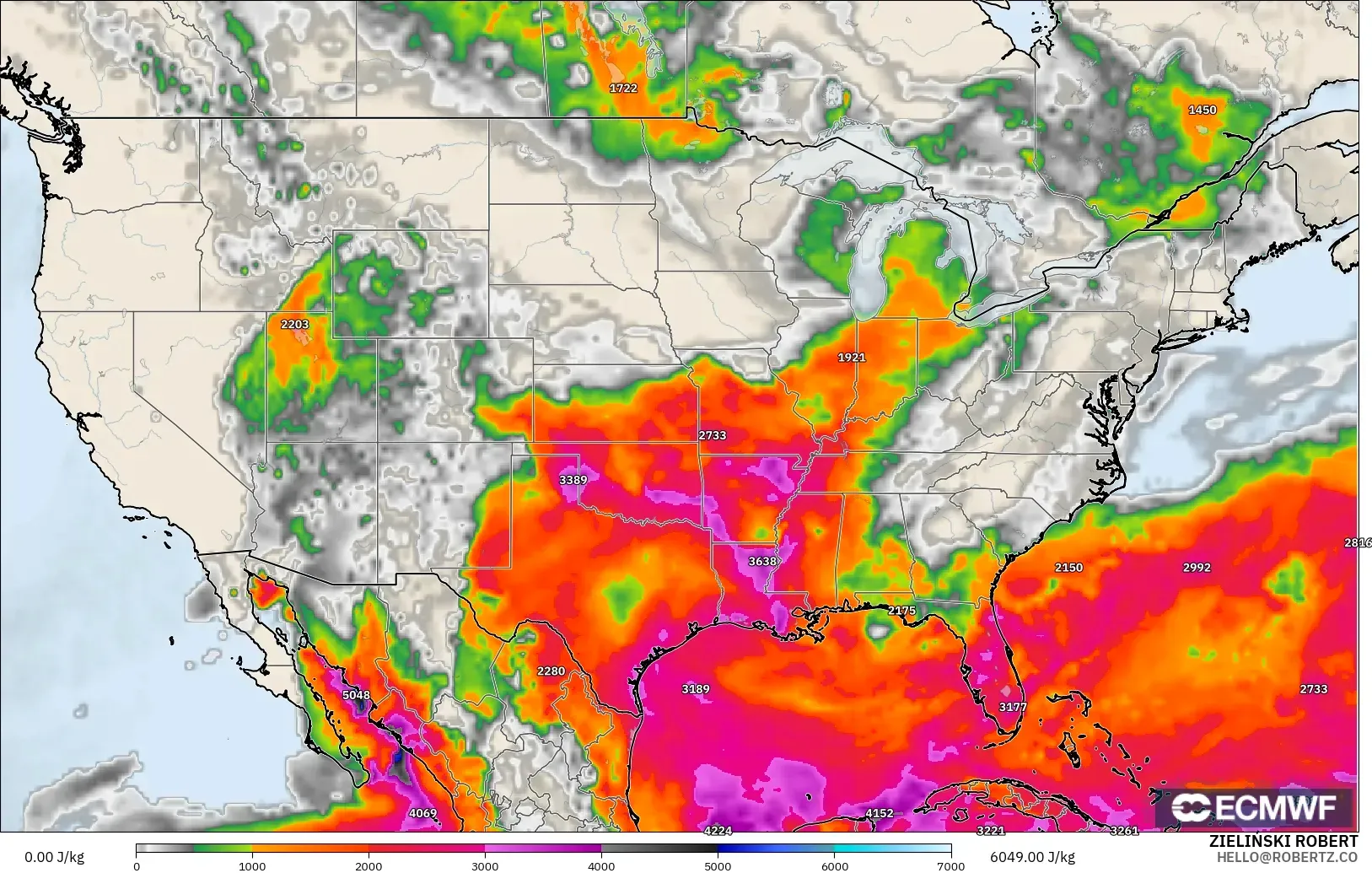 ECMWF IFS 0.25° model - United States, CAPE