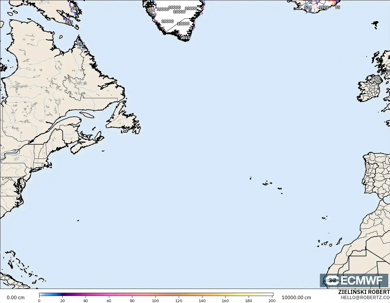 ECMWF IFS 0.25° model - North Atlantic, Snow Depth