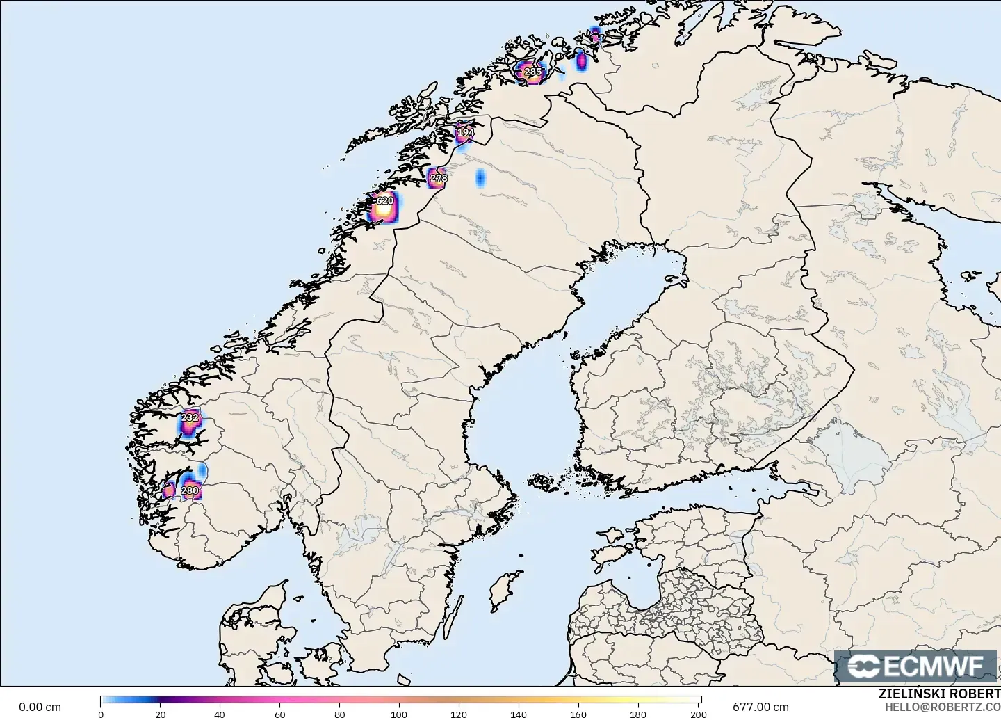 ECMWF IFS 0.25° model - Scandinavia, Snow Depth