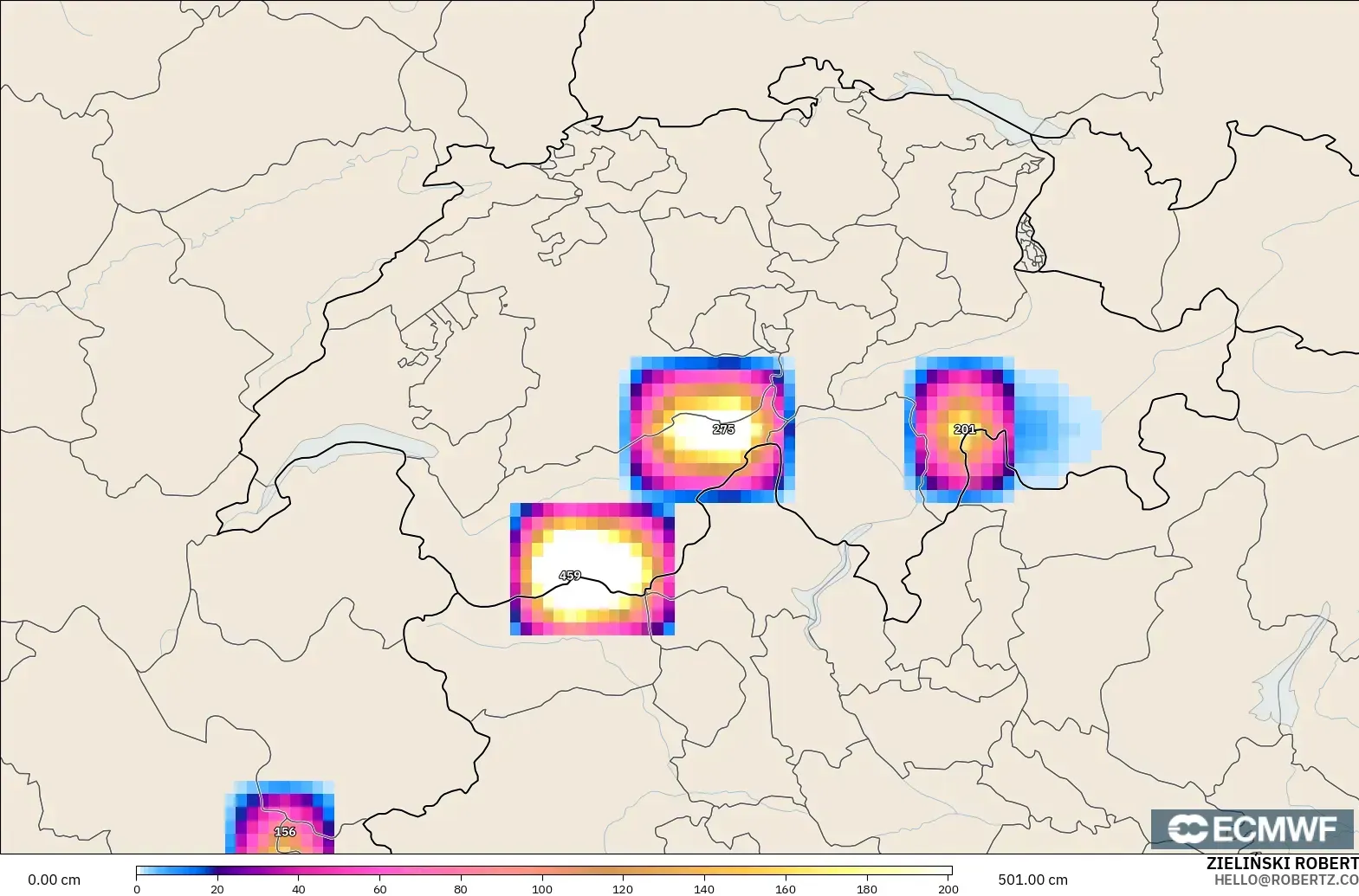 ECMWF IFS 0.25° model - Switzerland, Snow Depth