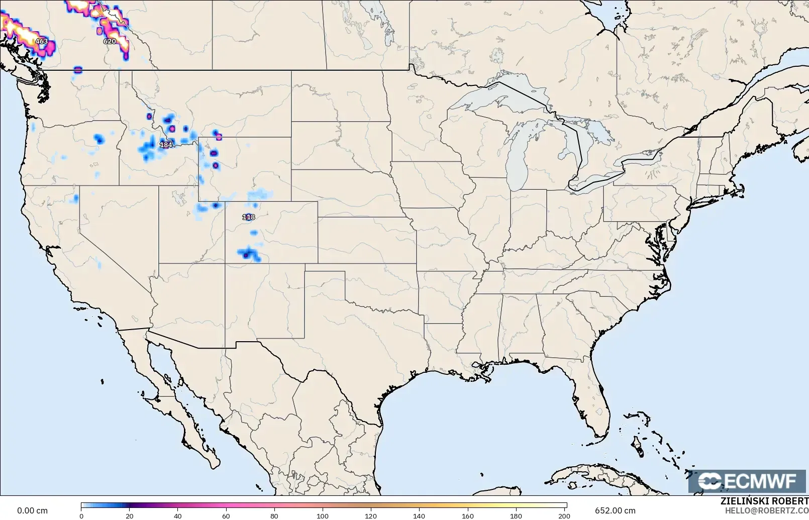 ECMWF IFS 0.25° model - United States, Snow Depth