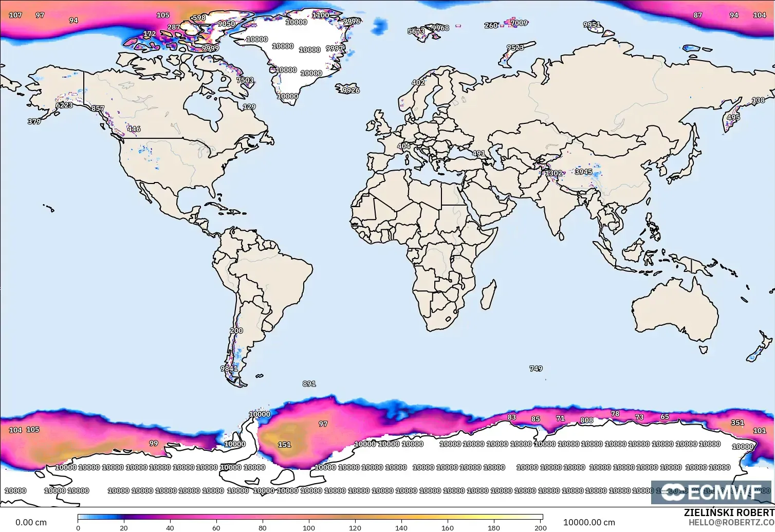ECMWF IFS 0.25° model - World, Snow Depth