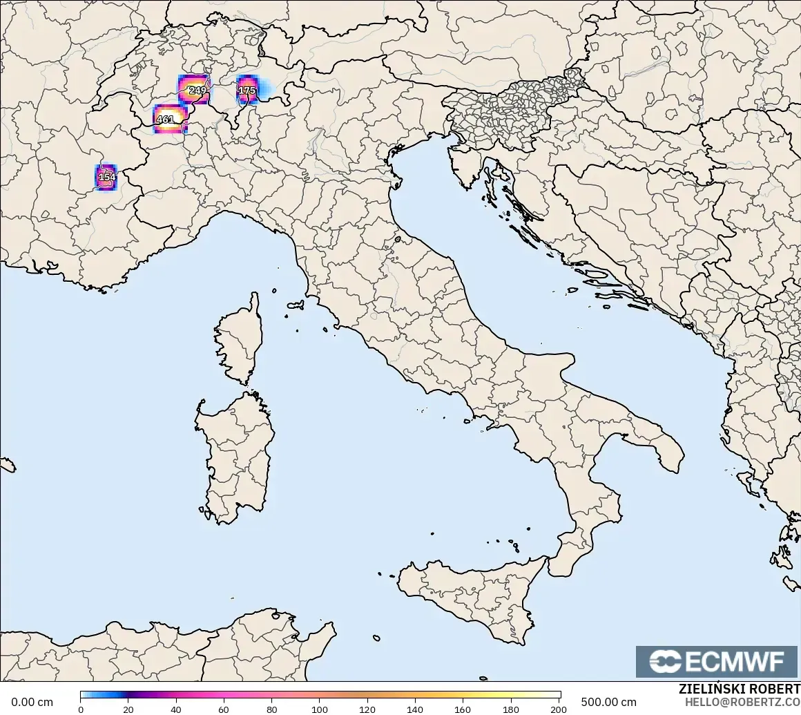 ECMWF IFS 0.25° model - Italy, Snow Depth