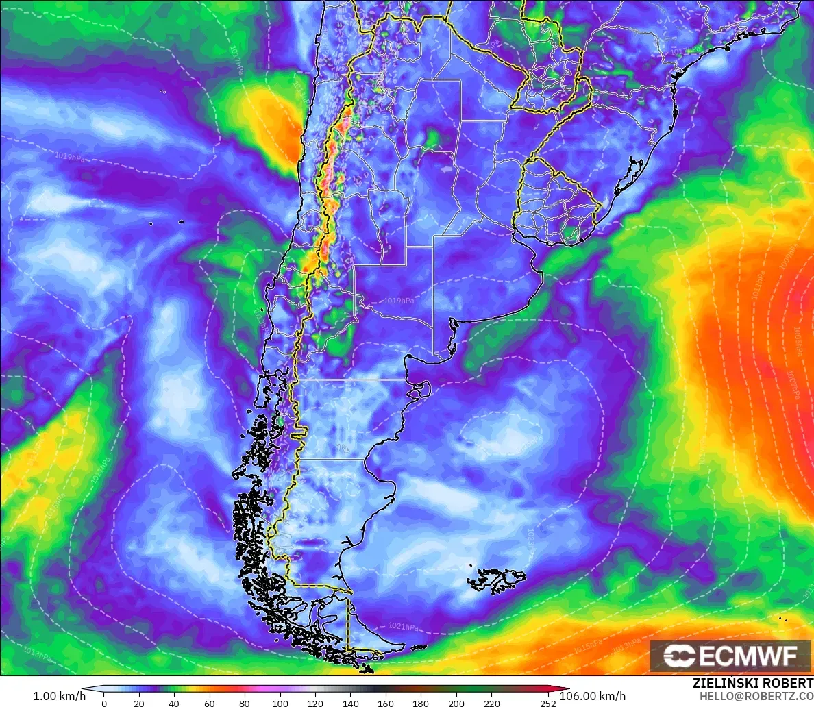 ECMWF IFS 0.25° model - Argentina, Wind Gusts Peak