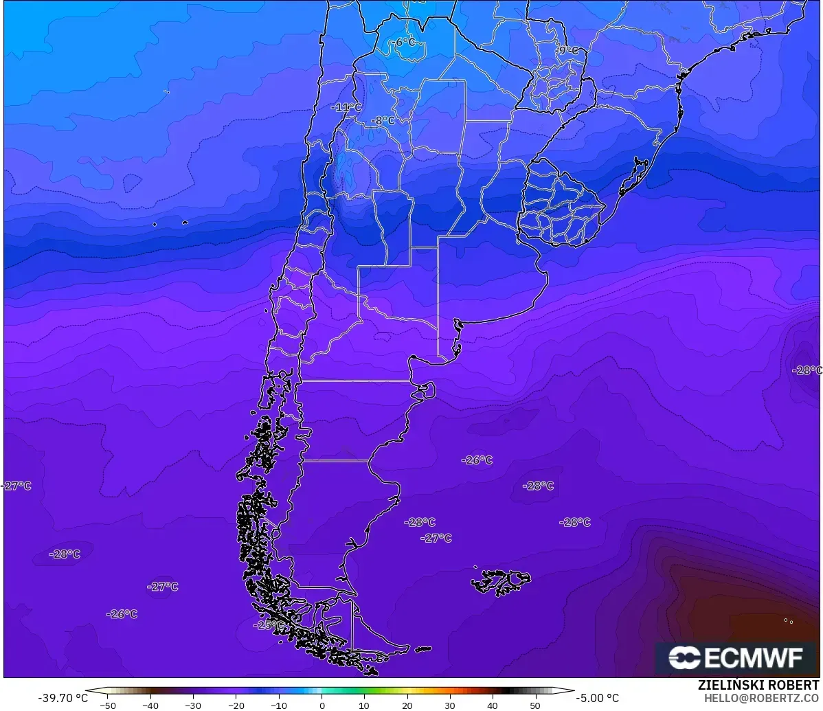 ECMWF IFS 0.25° model - Argentina, Temperature at 500hPa