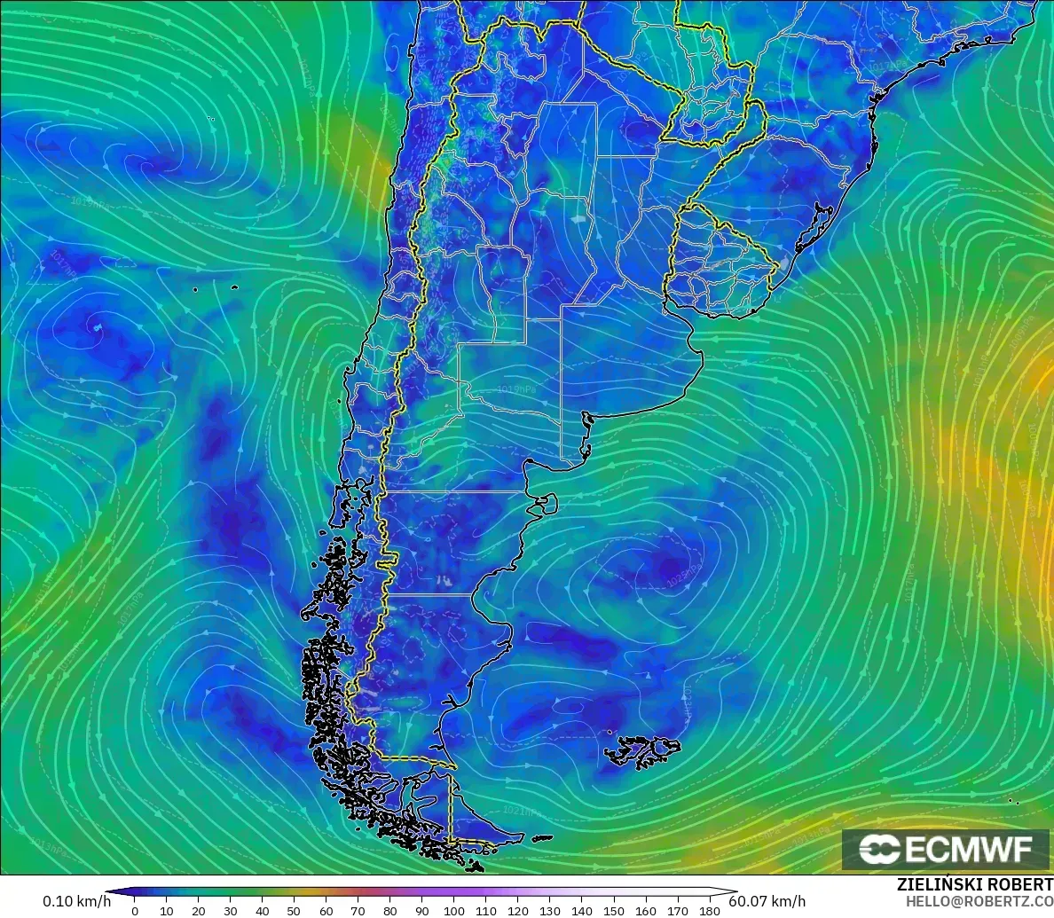 ECMWF IFS 0.25° model - Argentina, Wind at 10m