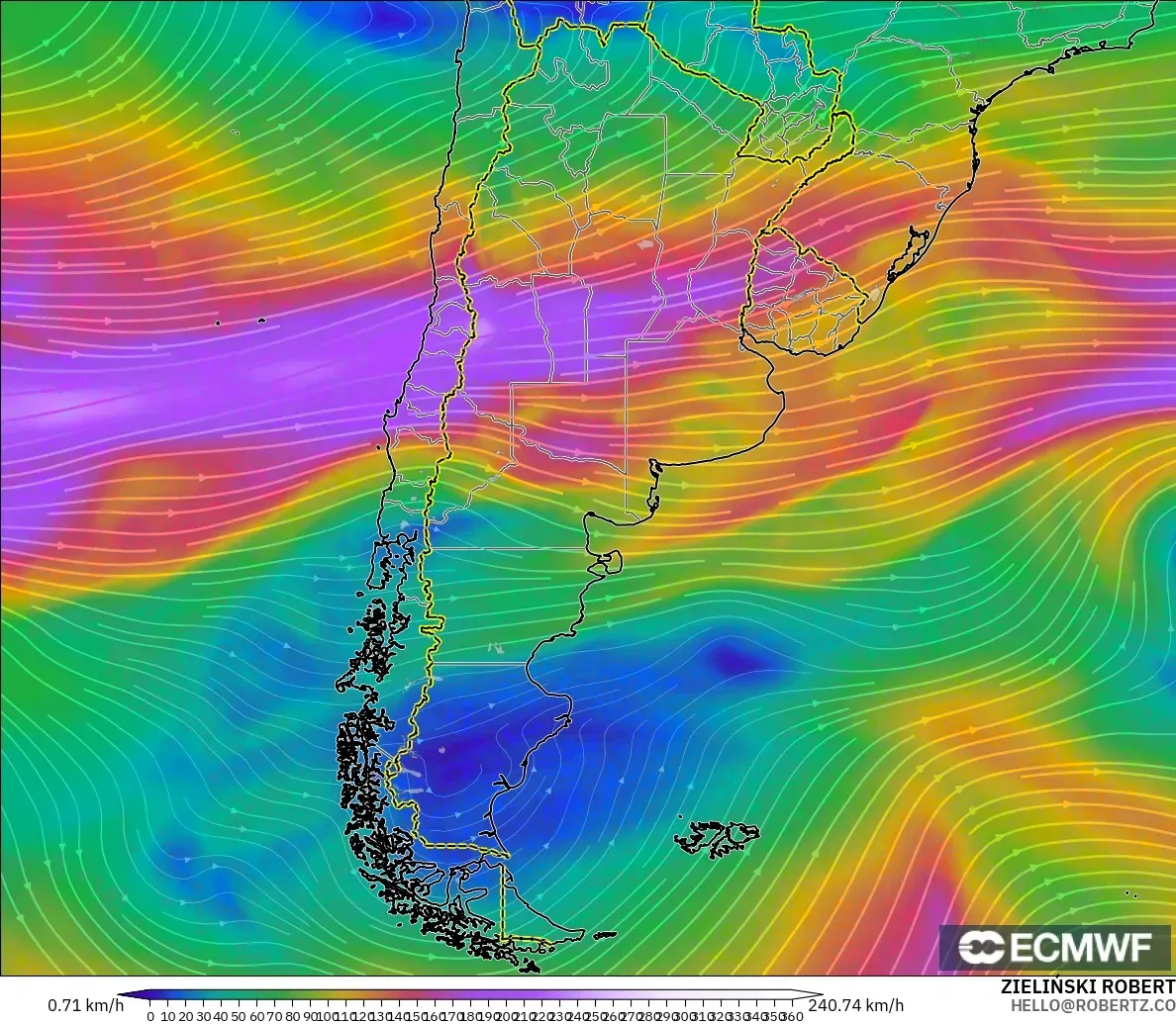 ECMWF IFS 0.25° model - Argentina, Wind at 300hPa (jet stream)