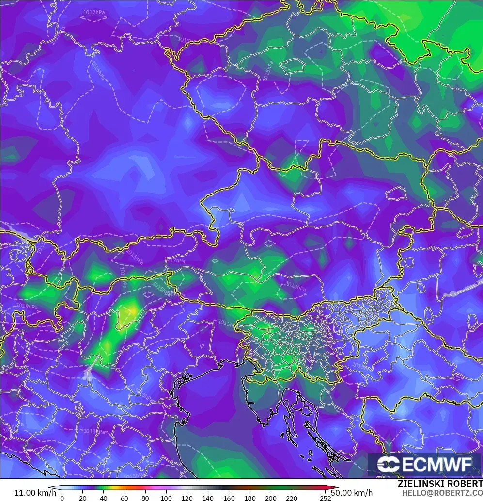ECMWF IFS 0.25° model - Austria, Wind Gusts