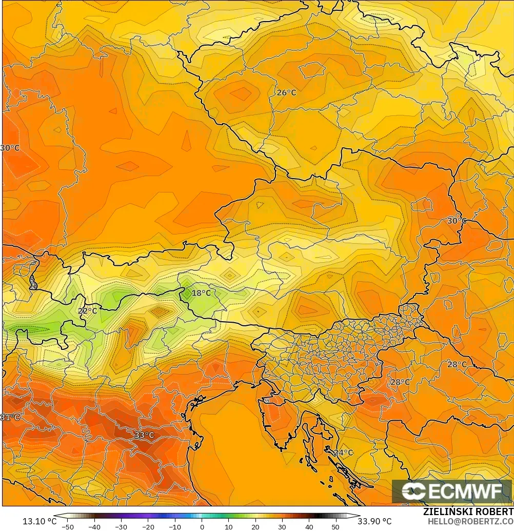 ECMWF IFS 0.25° model - Austria, Temperature at 2m
