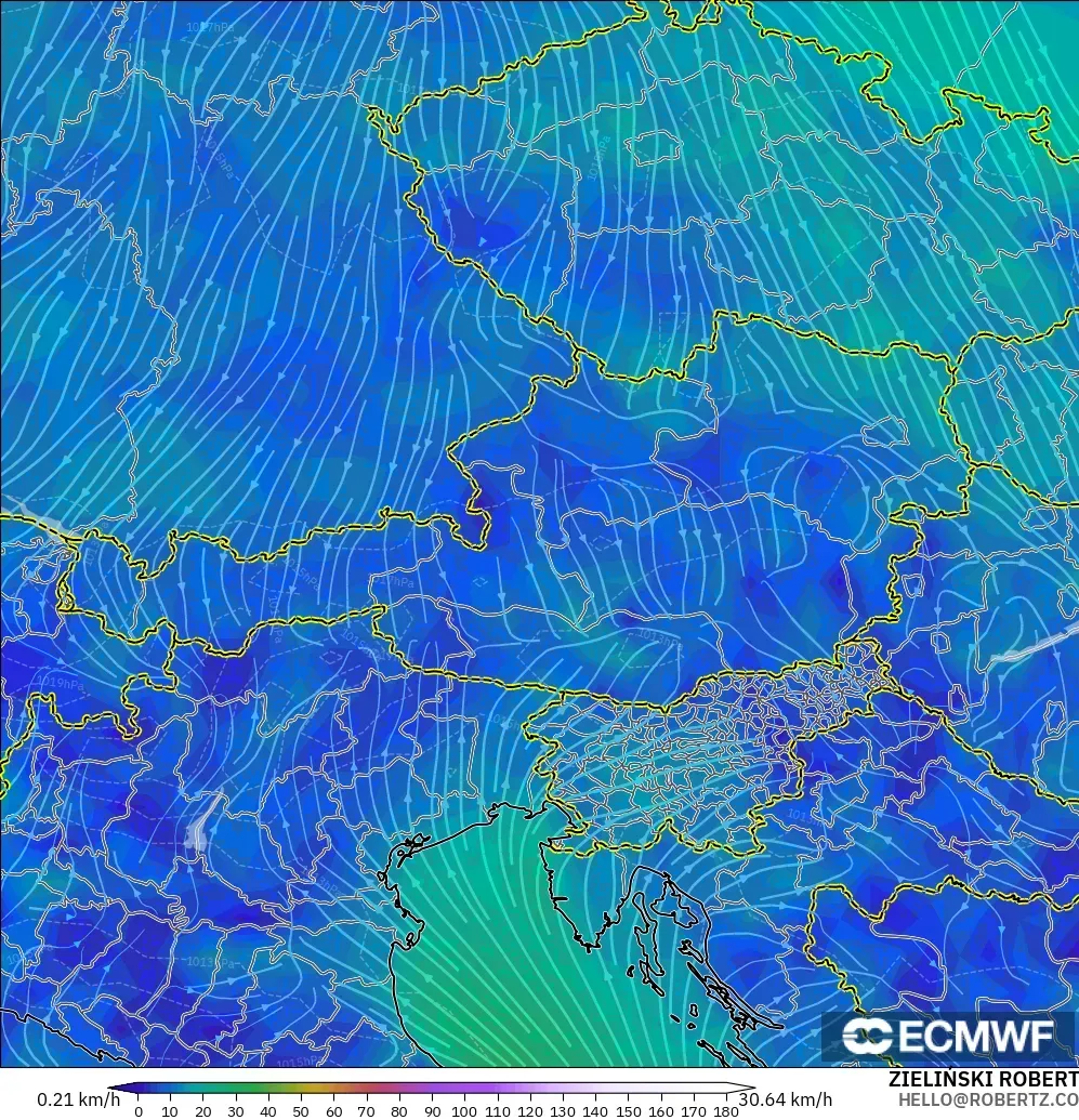 ECMWF IFS 0.25° model - Austria, Wind at 10m