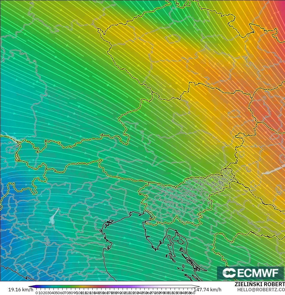 ECMWF IFS 0.25° model - Austria, Wind at 300hPa (jet stream)
