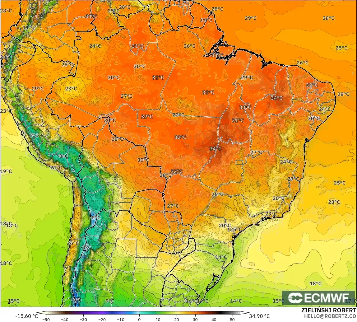 ECMWF IFS 0.25° model - Brazil, Temperature at 2m