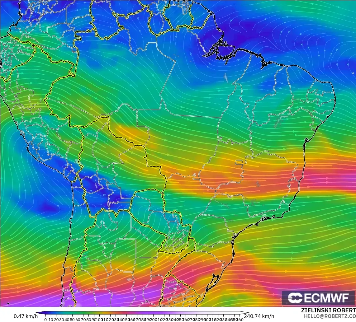 ECMWF IFS 0.25° model - Brazil, Wind at 300hPa (jet stream)