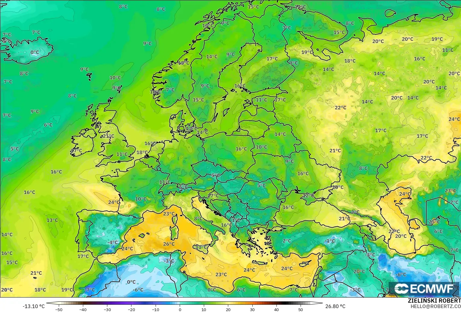 ECMWF IFS 0.25° model - Europe, Dewpoint at 2m