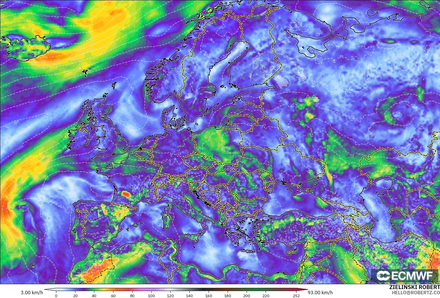 ECMWF IFS 0.25° model - Europe, Wind Gusts Peak