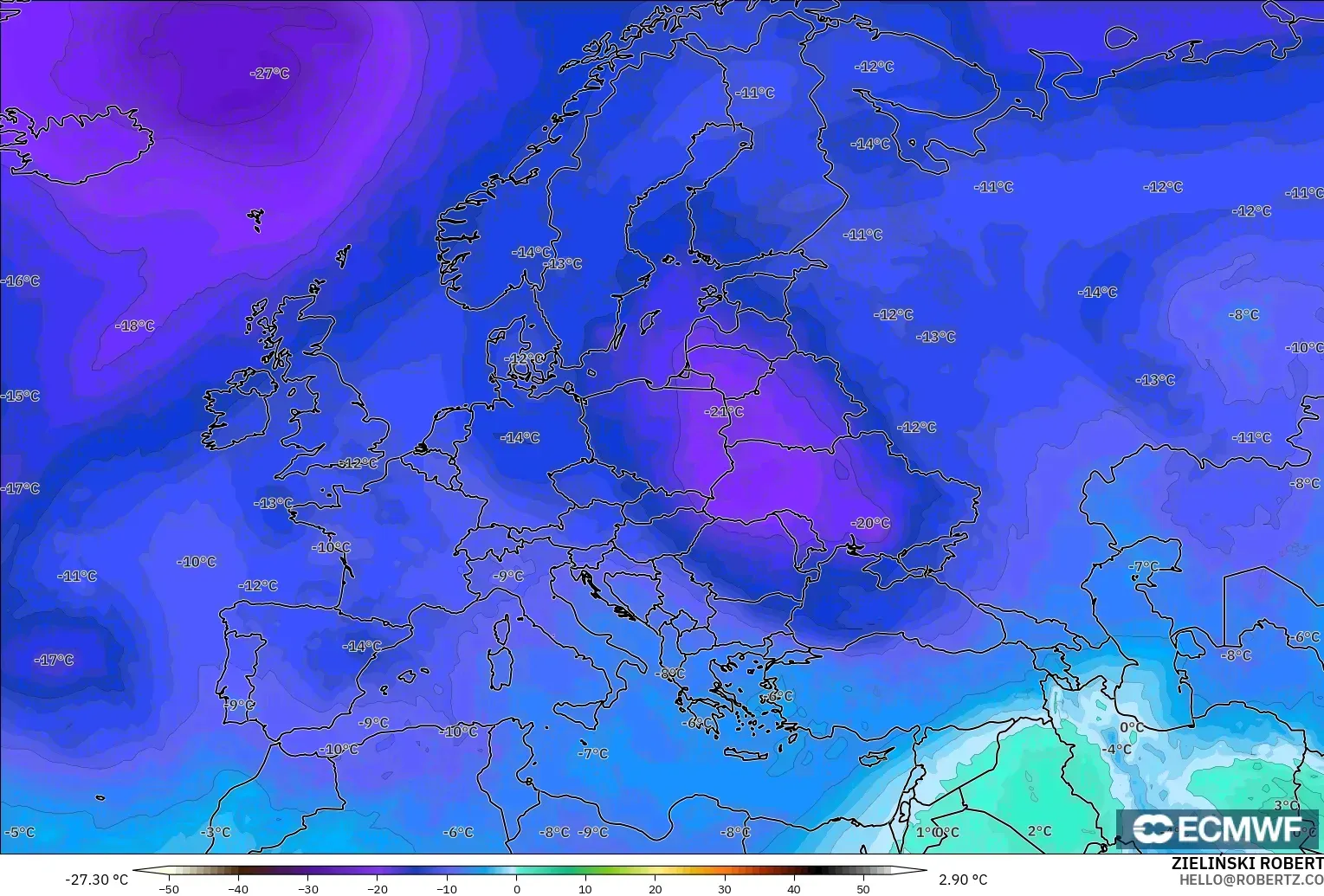 ECMWF IFS 0.25° model - Europe, Temperature at 500hPa