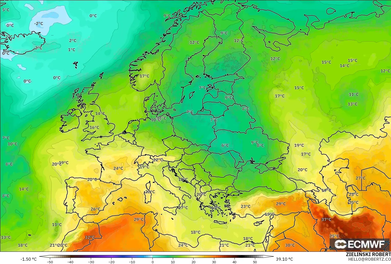ECMWF IFS 0.25° model - Europe, Temperature at 850hPa