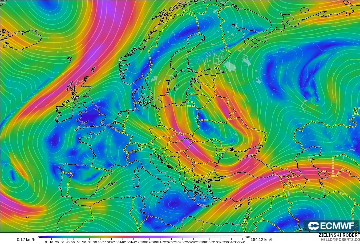 ECMWF IFS 0.25° model - Europe, Wind at 300hPa (jet stream)