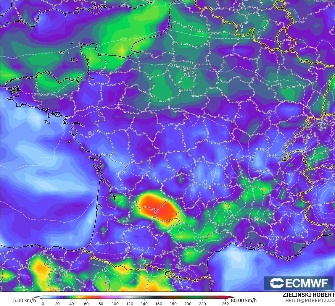 ECMWF IFS 0.25° model - France, Wind Gusts