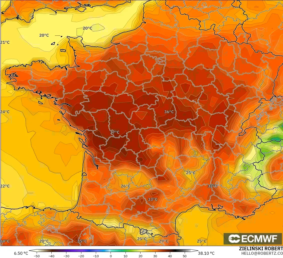 ECMWF IFS 0.25° model - France, Temperature at 2m