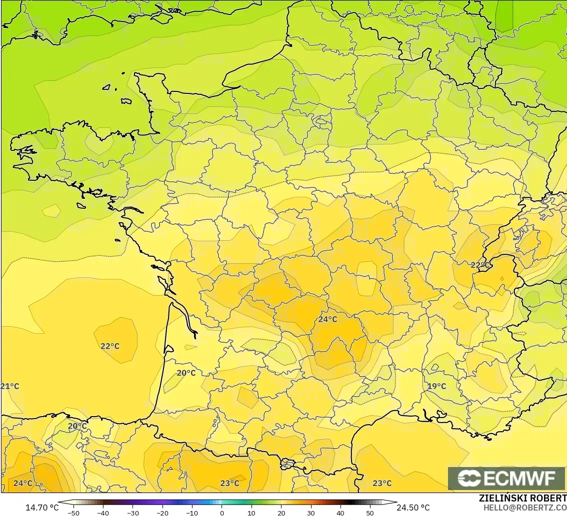 ECMWF IFS 0.25° model - France, Temperature at 850hPa