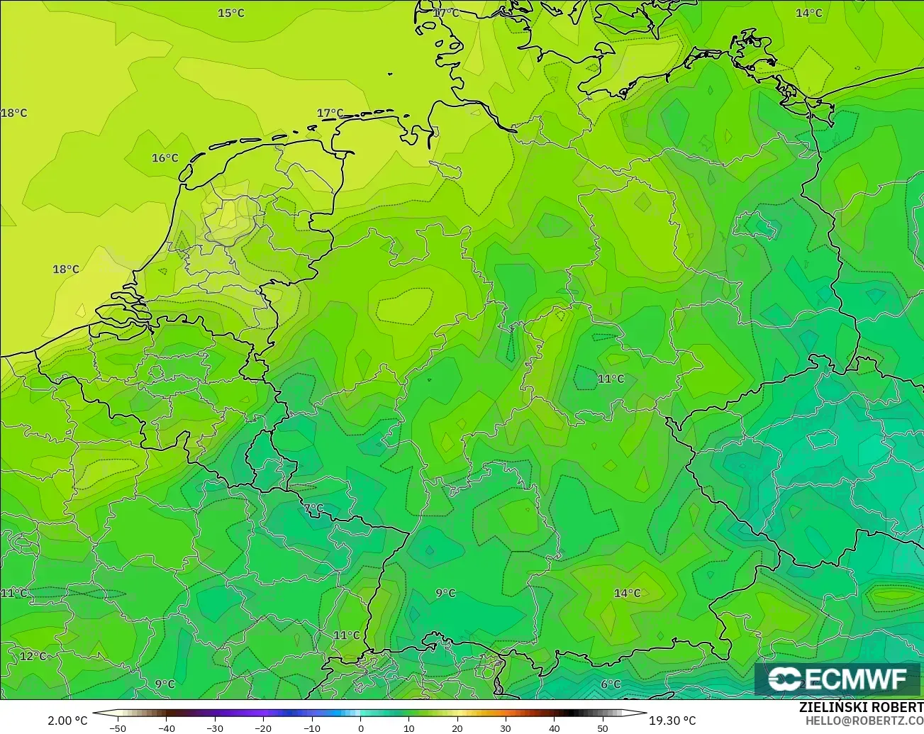 ECMWF IFS 0.25° model - Germany, Dewpoint at 2m