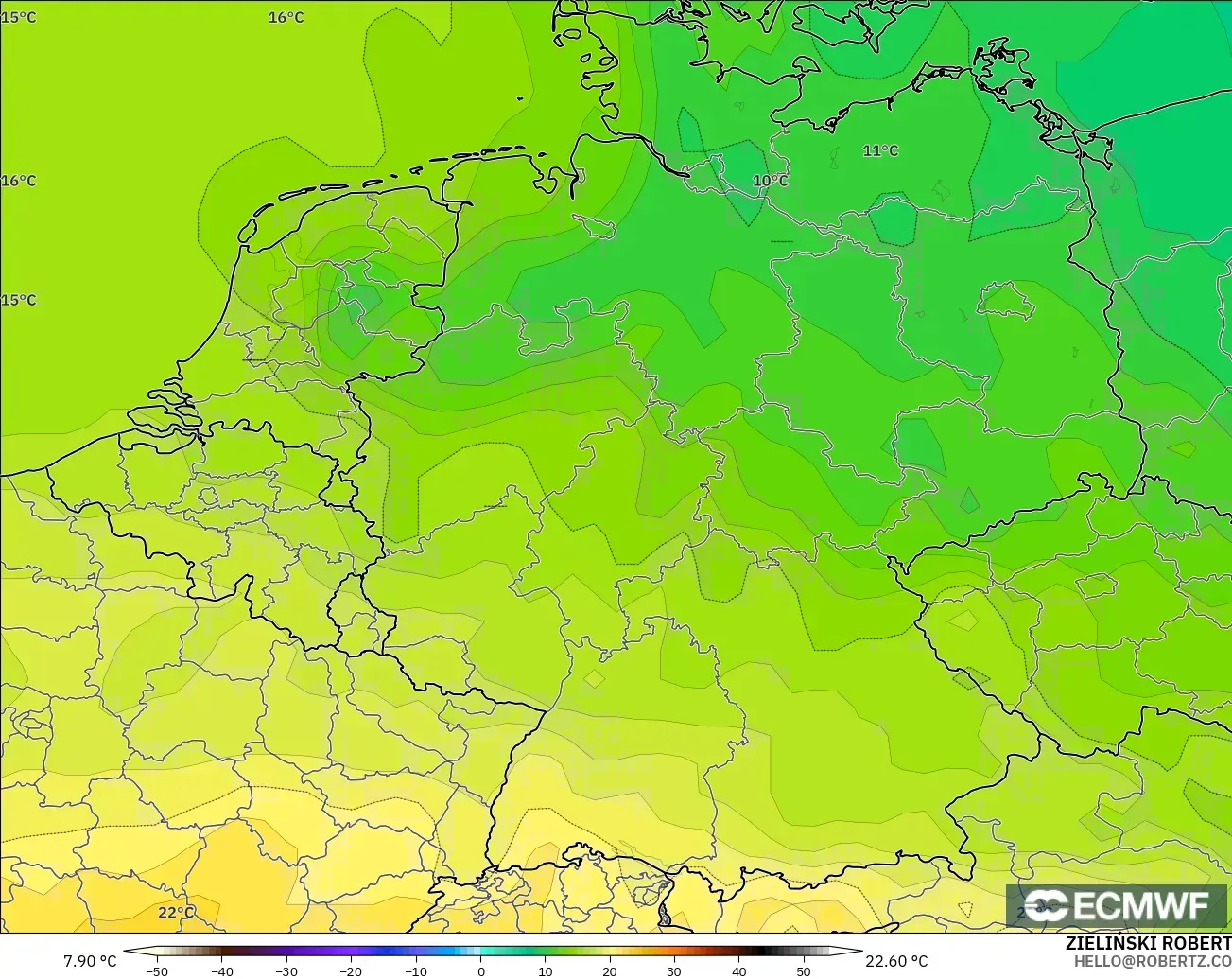 ECMWF IFS 0.25° model - Germany, Temperature at 850hPa