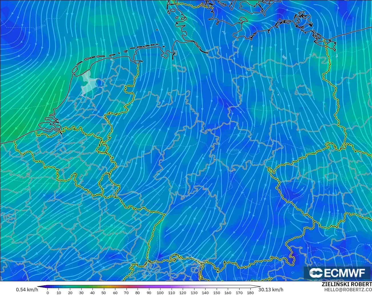 ECMWF IFS 0.25° model - Germany, Wind at 10m