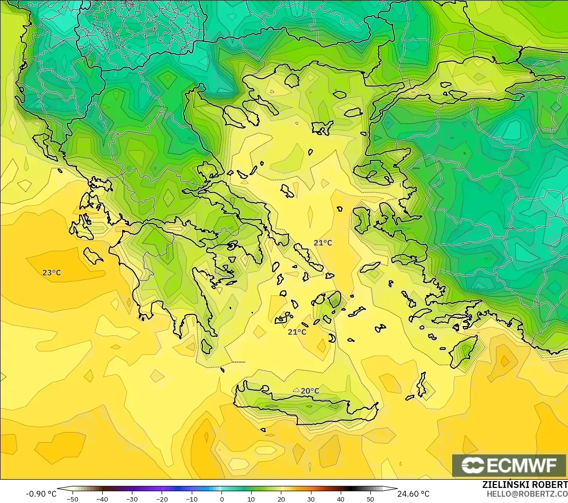 ECMWF IFS 0.25° model - Greece, Dewpoint at 2m
