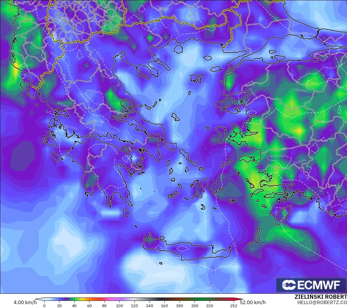 ECMWF IFS 0.25° model - Greece, Wind Gusts Peak