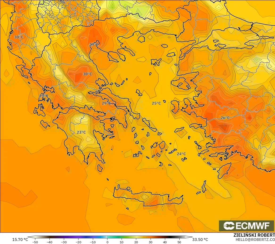 ECMWF IFS 0.25° model - Greece, Temperature at 2m