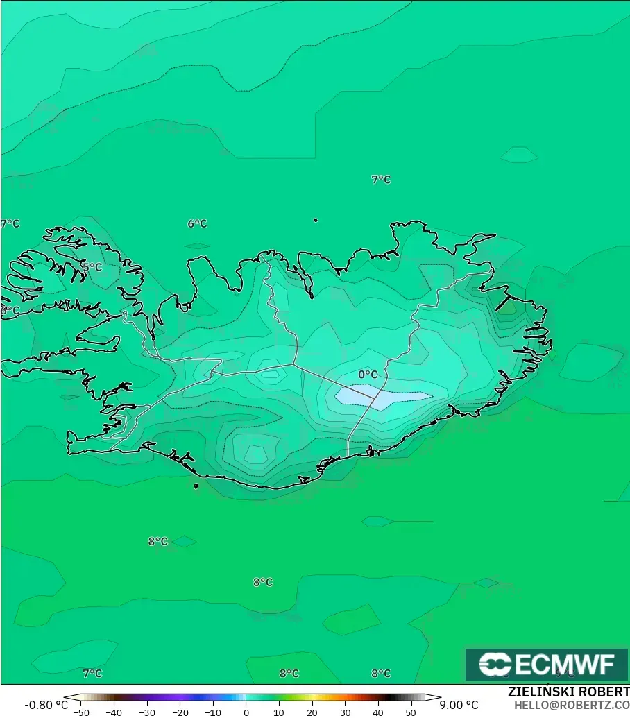 ECMWF IFS 0.25° model - Iceland, Dewpoint at 2m