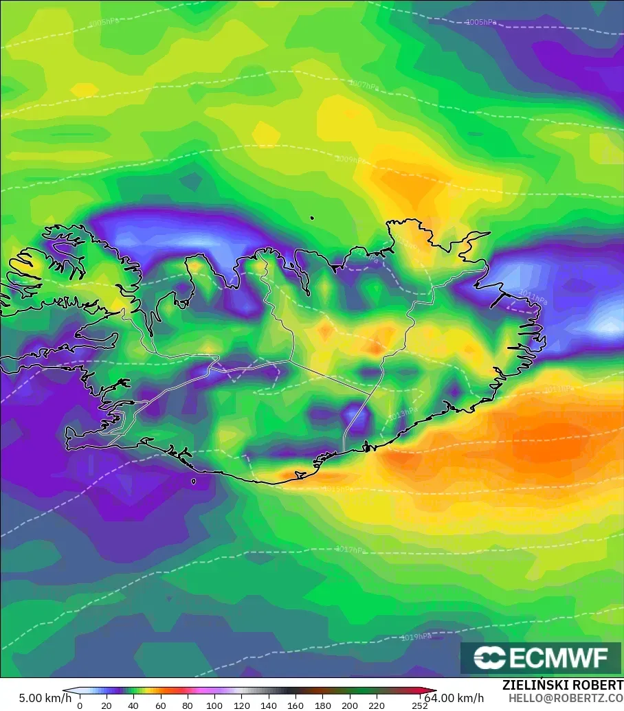 ECMWF IFS 0.25° model - Iceland, Wind Gusts