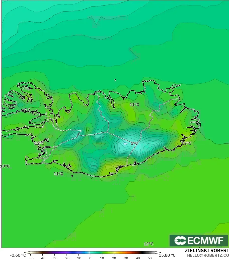 ECMWF IFS 0.25° model - Iceland, Temperature at 2m