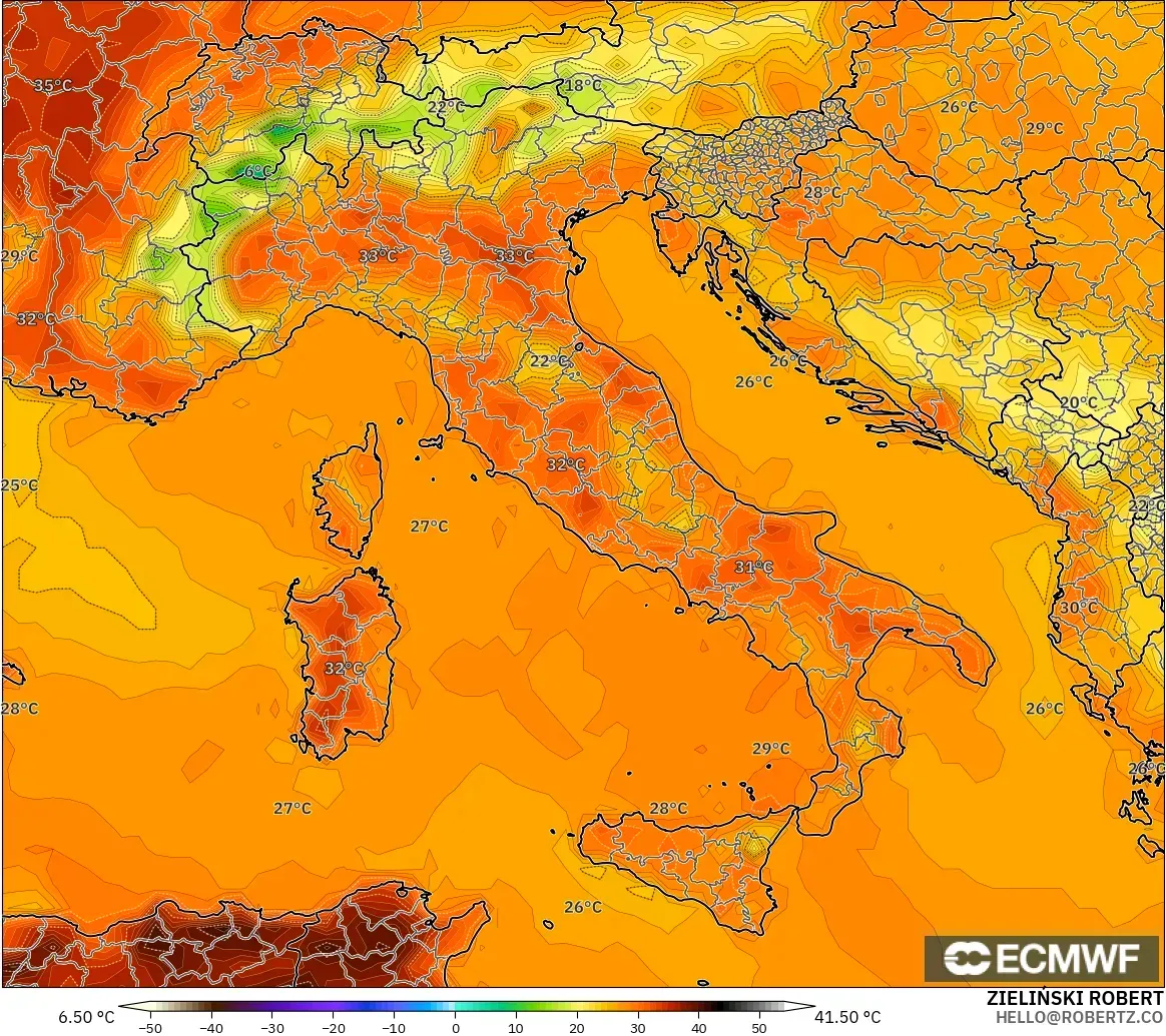 ECMWF IFS 0.25° model - Italy, Temperature at 2m