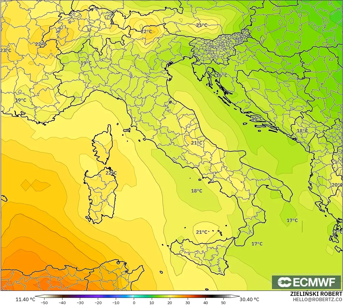 ECMWF IFS 0.25° model - Italy, Temperature at 850hPa