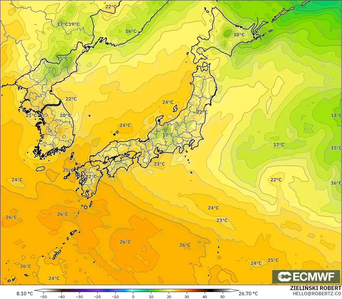 ECMWF IFS 0.25° model - Japan, Dewpoint at 2m