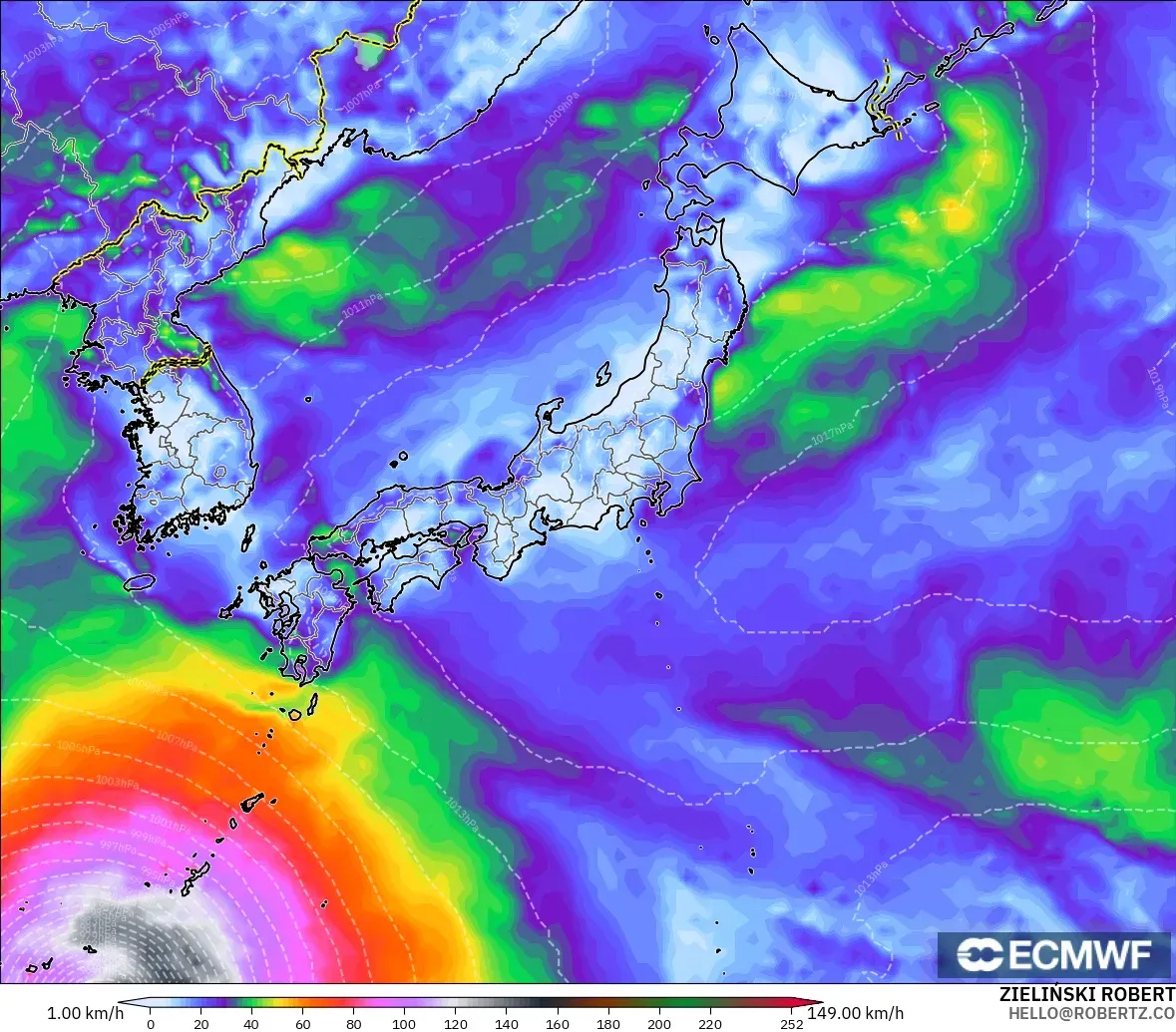 ECMWF IFS 0.25° model - Japan, Wind Gusts