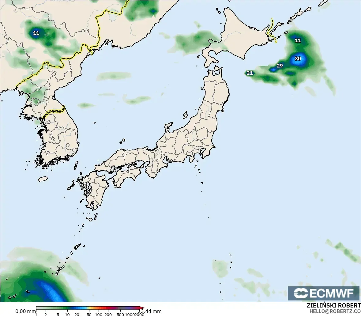 ECMWF IFS 0.25° model - Japan, Precipitation Accumulation