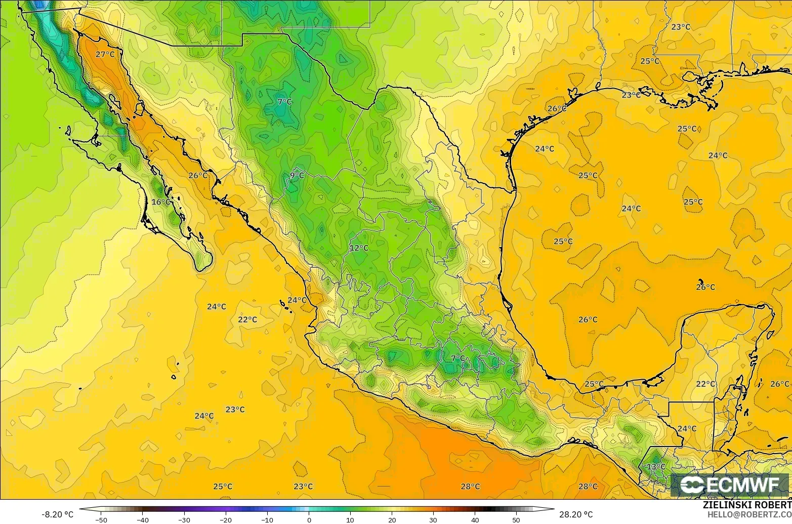 ECMWF IFS 0.25° model - Mexico, Dewpoint at 2m