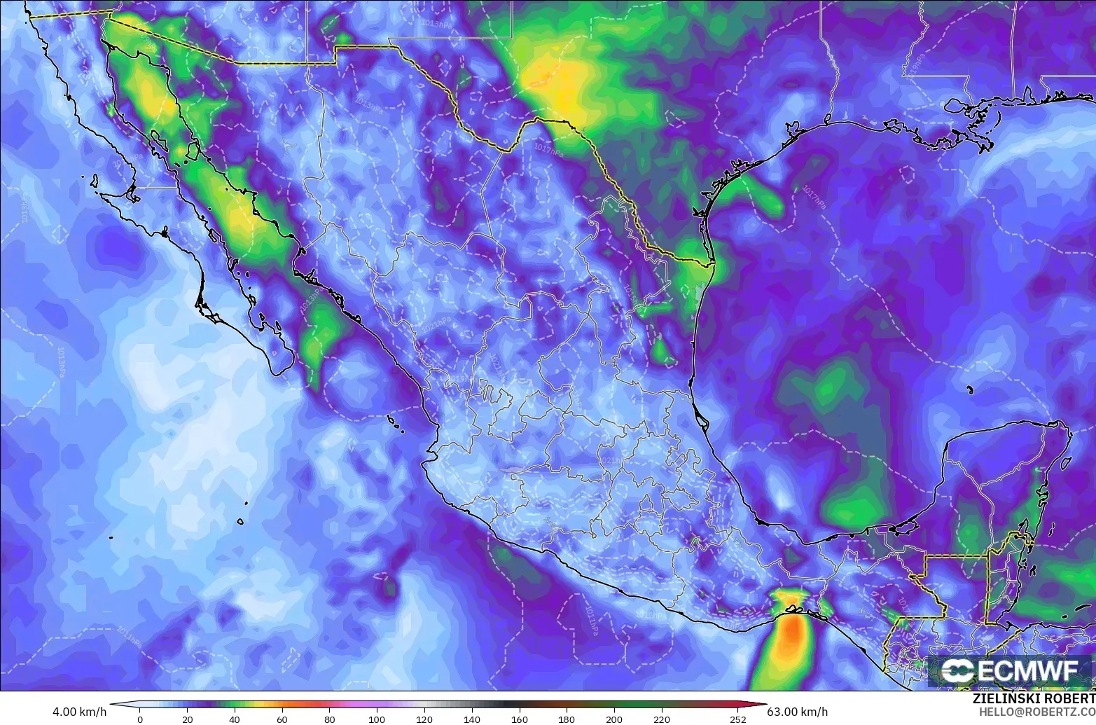 ECMWF IFS 0.25° model - Mexico, Wind Gusts Peak