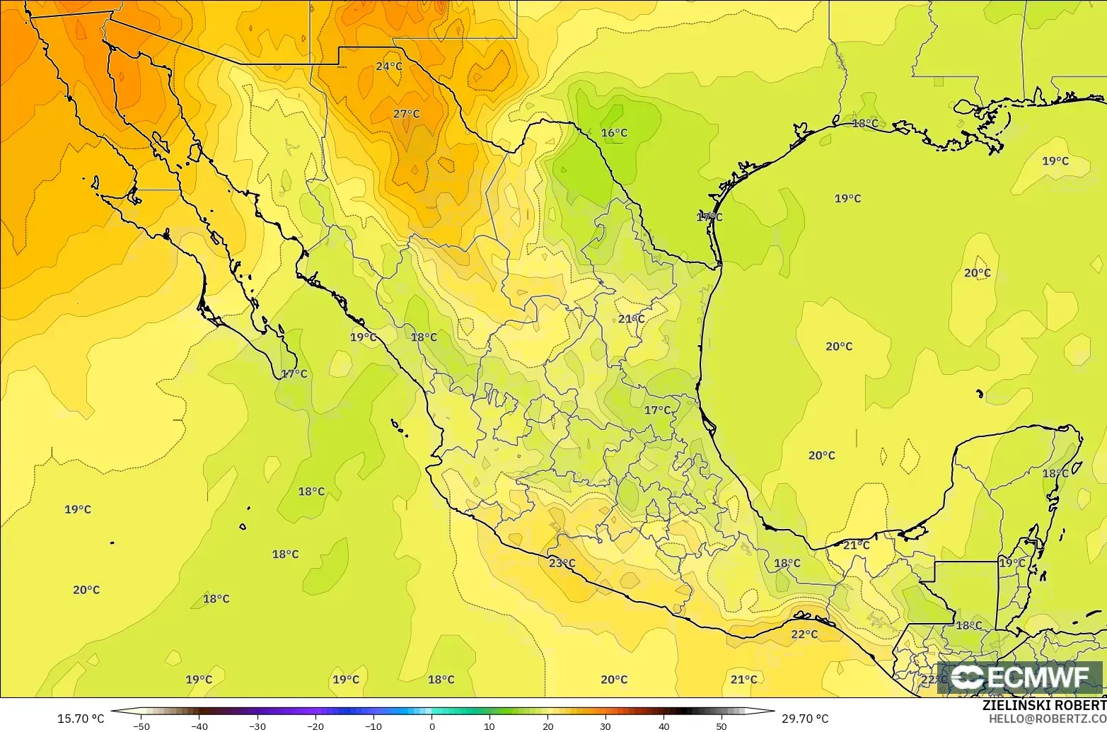 ECMWF IFS 0.25° model - Mexico, Temperature at 850hPa