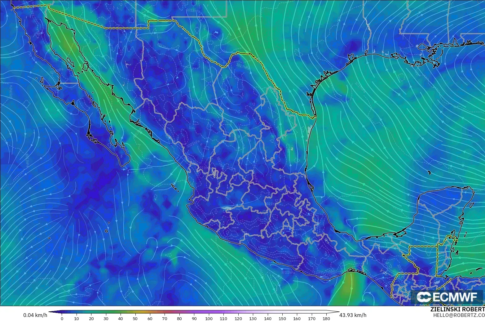 ECMWF IFS 0.25° model - Mexico, Wind at 10m