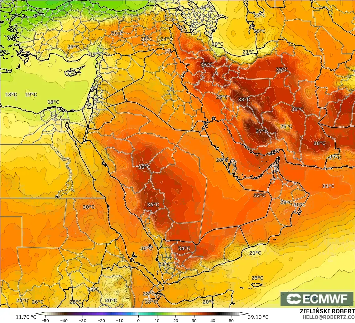 ECMWF IFS 0.25° model - Middle East, Temperature at 850hPa