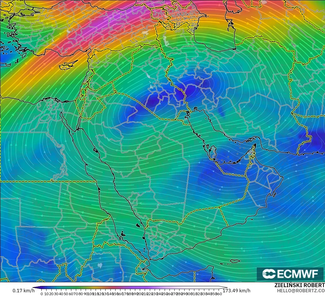 ECMWF IFS 0.25° model - Middle East, Wind at 300hPa (jet stream)