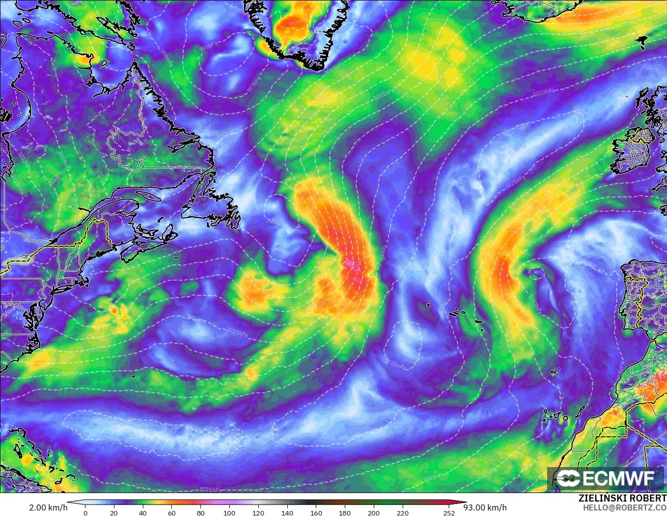 ECMWF IFS 0.25° model - North Atlantic, Wind Gusts Peak